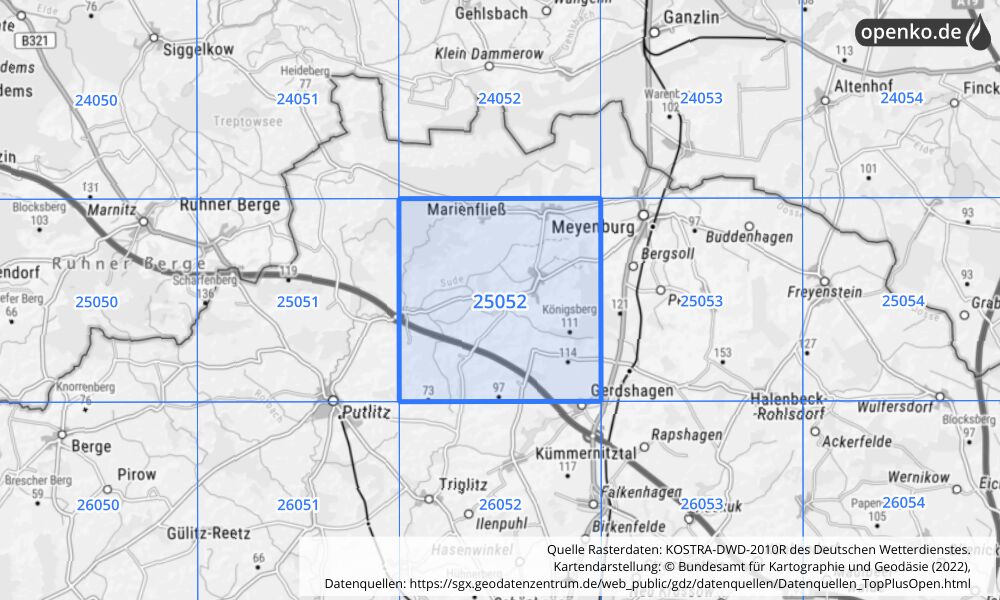 Übersichtskarte KOSTRA-DWD-2010R Rasterfeld Nr. 25052 mit angrenzenden Feldern