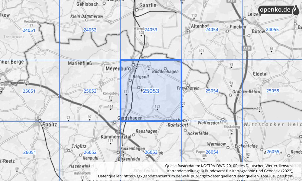 Übersichtskarte KOSTRA-DWD-2010R Rasterfeld Nr. 25053 mit angrenzenden Feldern