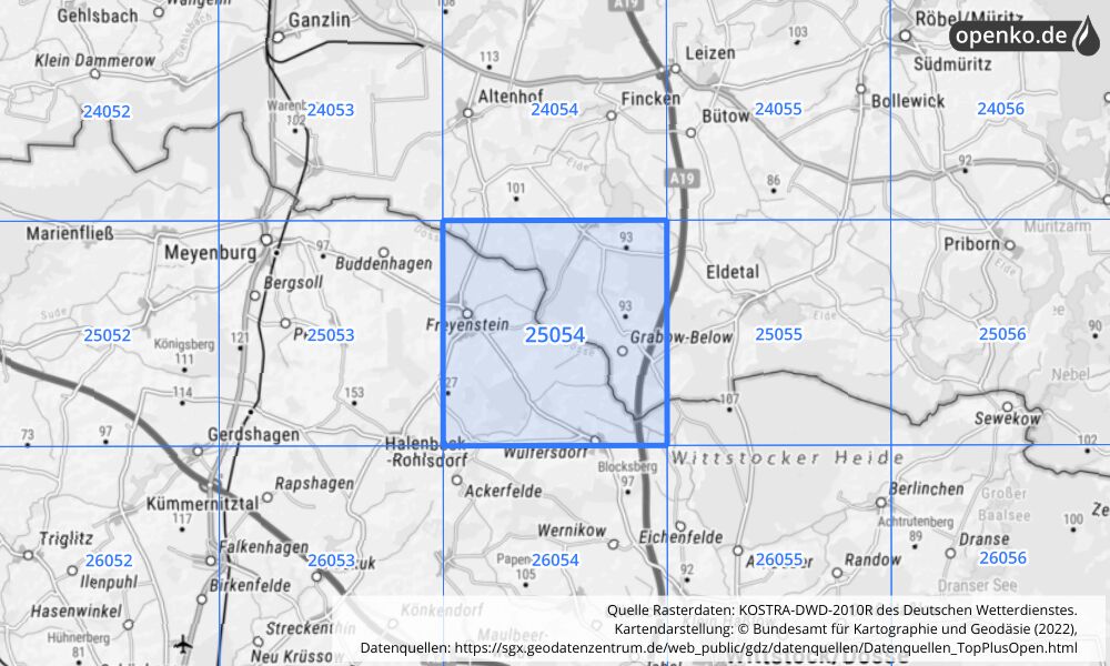 Übersichtskarte KOSTRA-DWD-2010R Rasterfeld Nr. 25054 mit angrenzenden Feldern