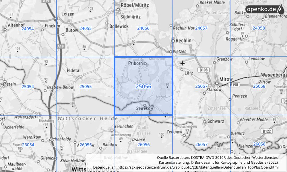 Übersichtskarte KOSTRA-DWD-2010R Rasterfeld Nr. 25056 mit angrenzenden Feldern