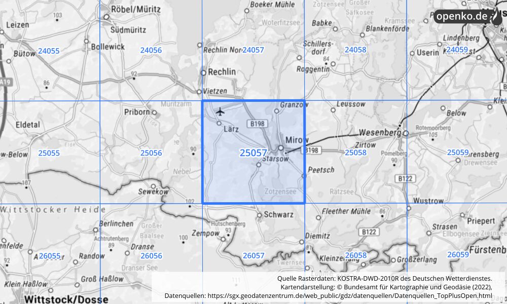 Übersichtskarte KOSTRA-DWD-2010R Rasterfeld Nr. 25057 mit angrenzenden Feldern