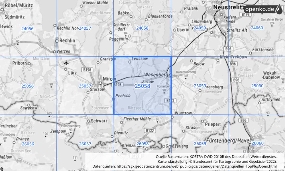 Übersichtskarte KOSTRA-DWD-2010R Rasterfeld Nr. 25058 mit angrenzenden Feldern