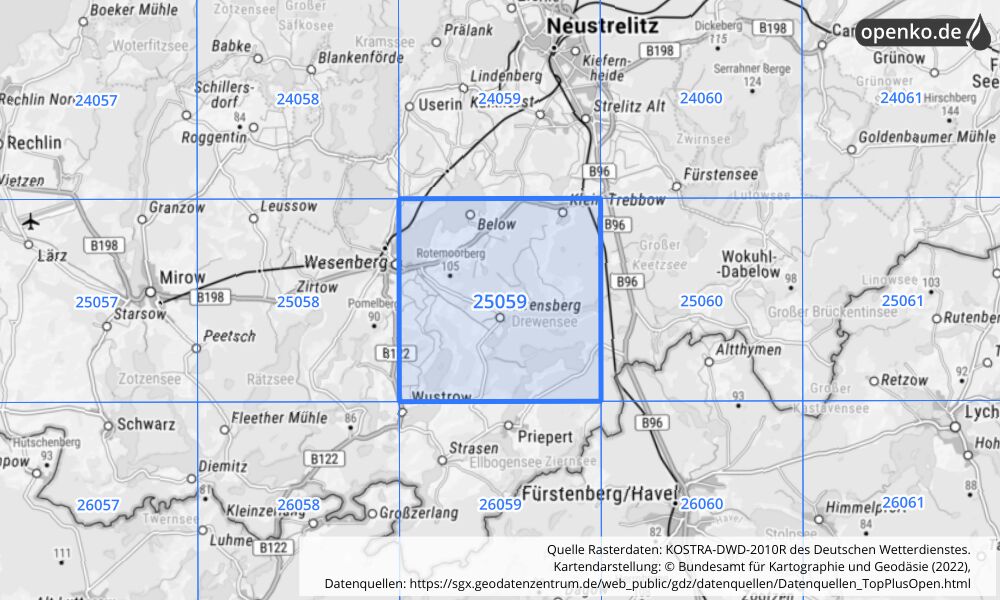 Übersichtskarte KOSTRA-DWD-2010R Rasterfeld Nr. 25059 mit angrenzenden Feldern