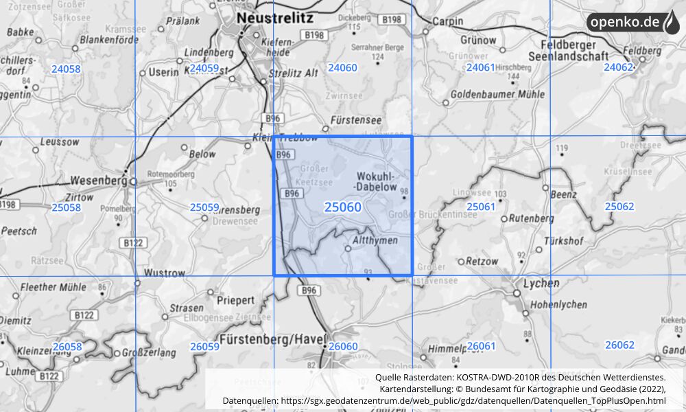 Übersichtskarte KOSTRA-DWD-2010R Rasterfeld Nr. 25060 mit angrenzenden Feldern