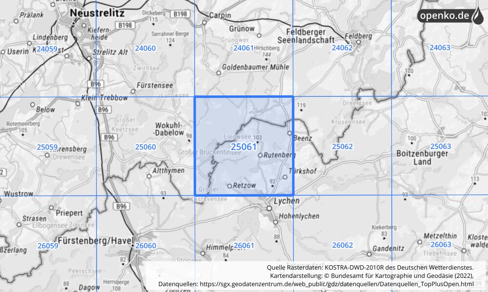 Übersichtskarte KOSTRA-DWD-2010R Rasterfeld Nr. 25061 mit angrenzenden Feldern