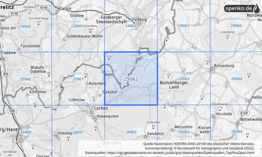 Übersichtskarte KOSTRA-DWD-2010R Rasterfeld Nr. 25062 mit angrenzenden Feldern