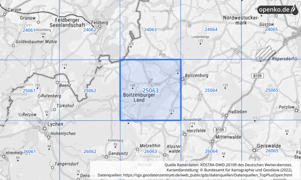 Übersichtskarte KOSTRA-DWD-2010R Rasterfeld Nr. 25063 mit angrenzenden Feldern