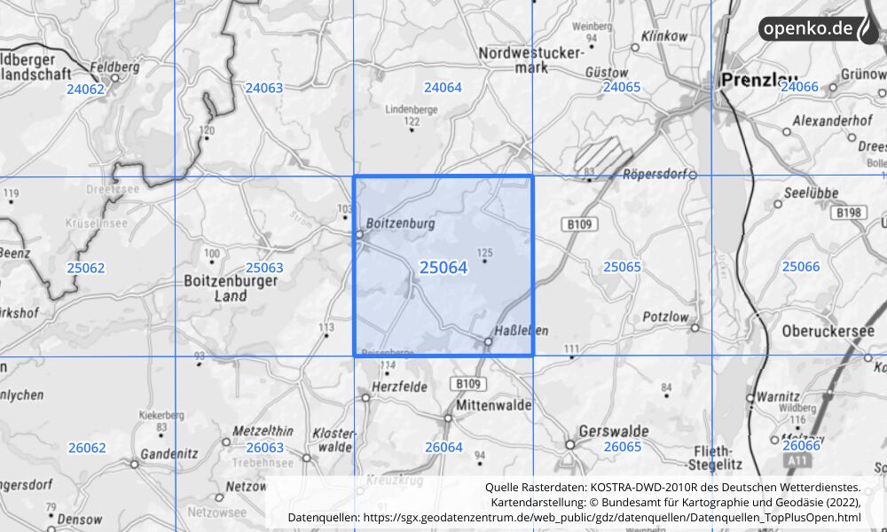 Übersichtskarte KOSTRA-DWD-2010R Rasterfeld Nr. 25064 mit angrenzenden Feldern