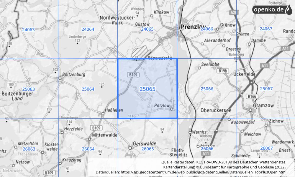 Übersichtskarte KOSTRA-DWD-2010R Rasterfeld Nr. 25065 mit angrenzenden Feldern