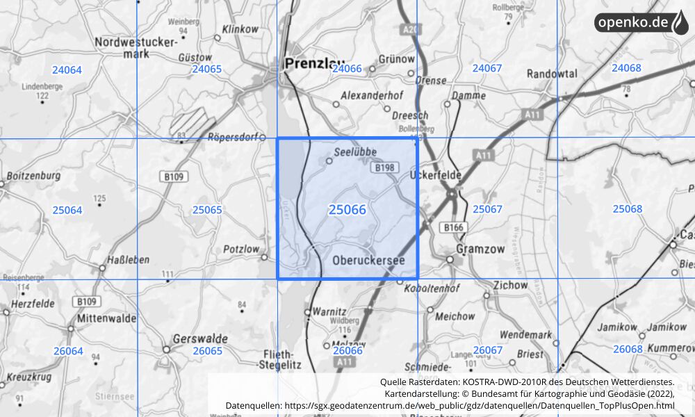 Übersichtskarte KOSTRA-DWD-2010R Rasterfeld Nr. 25066 mit angrenzenden Feldern