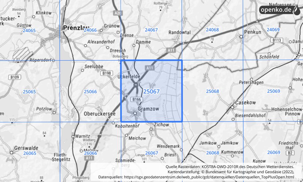 Übersichtskarte KOSTRA-DWD-2010R Rasterfeld Nr. 25067 mit angrenzenden Feldern