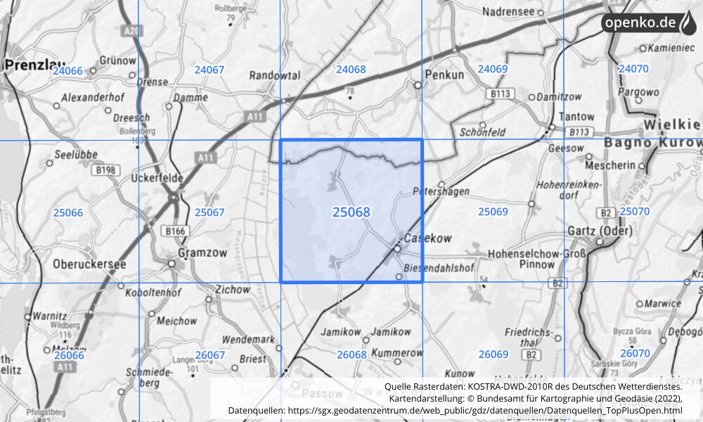 Übersichtskarte KOSTRA-DWD-2010R Rasterfeld Nr. 25068 mit angrenzenden Feldern