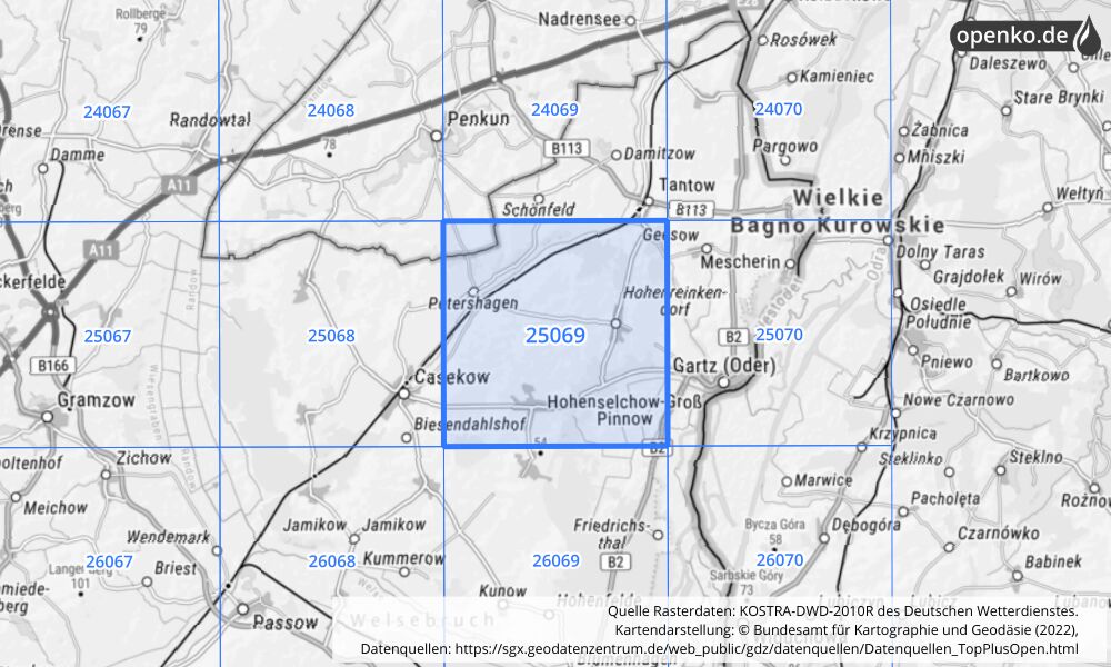 Übersichtskarte KOSTRA-DWD-2010R Rasterfeld Nr. 25069 mit angrenzenden Feldern