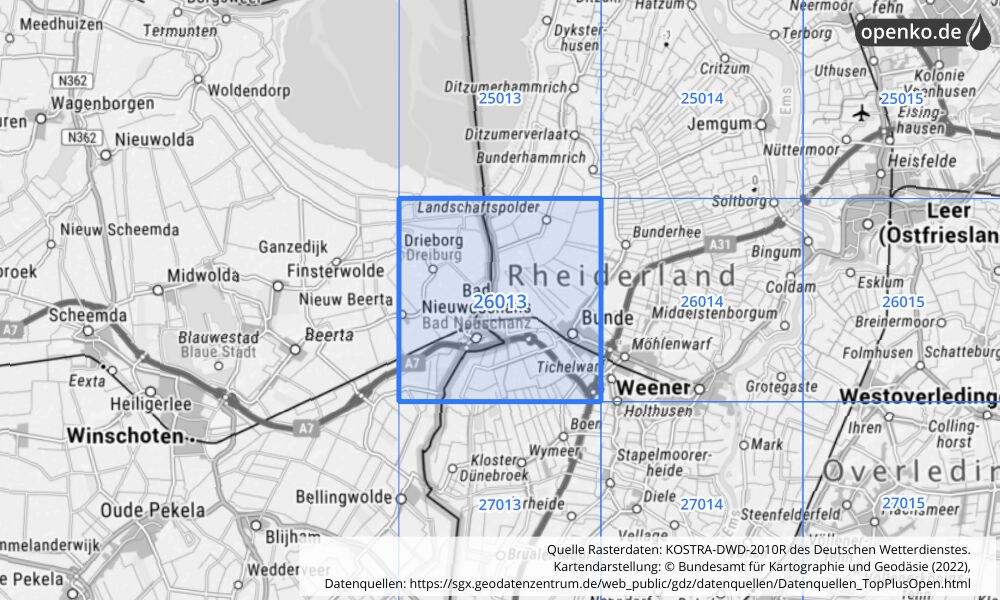 Übersichtskarte KOSTRA-DWD-2010R Rasterfeld Nr. 26013 mit angrenzenden Feldern