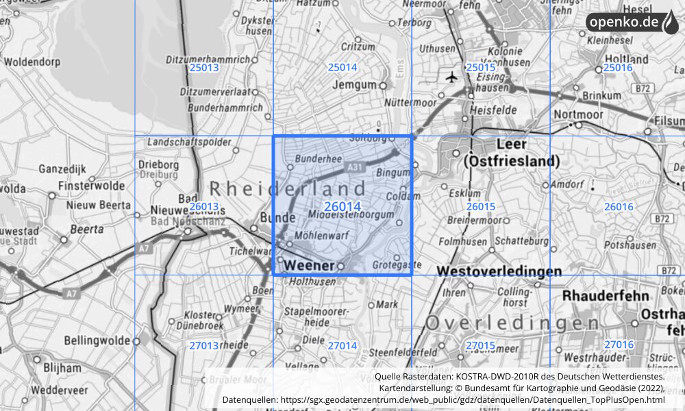 Übersichtskarte KOSTRA-DWD-2010R Rasterfeld Nr. 26014 mit angrenzenden Feldern