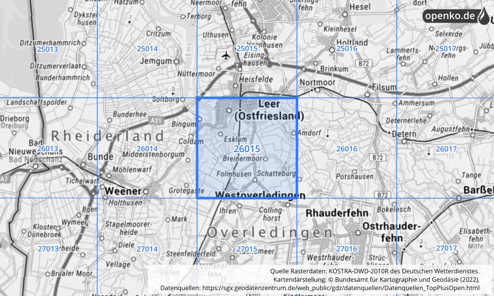 Übersichtskarte KOSTRA-DWD-2010R Rasterfeld Nr. 26015 mit angrenzenden Feldern