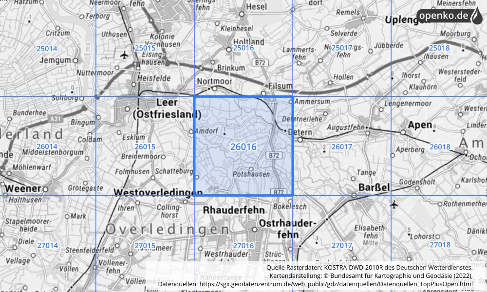 Übersichtskarte KOSTRA-DWD-2010R Rasterfeld Nr. 26016 mit angrenzenden Feldern