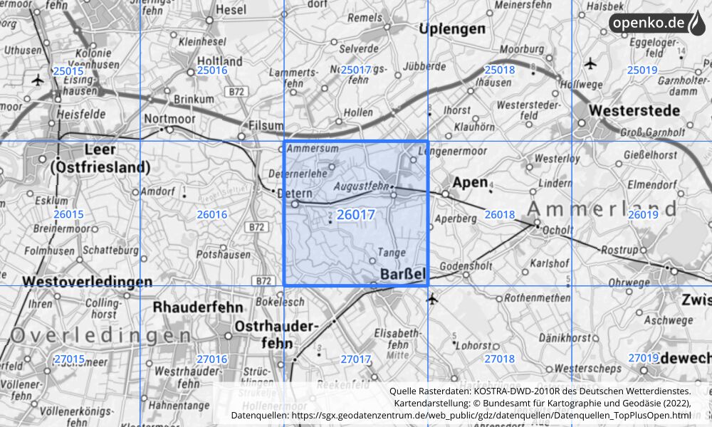 Übersichtskarte KOSTRA-DWD-2010R Rasterfeld Nr. 26017 mit angrenzenden Feldern