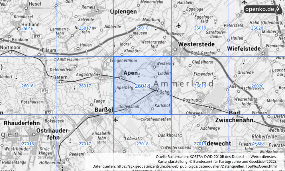 Übersichtskarte KOSTRA-DWD-2010R Rasterfeld Nr. 26018 mit angrenzenden Feldern