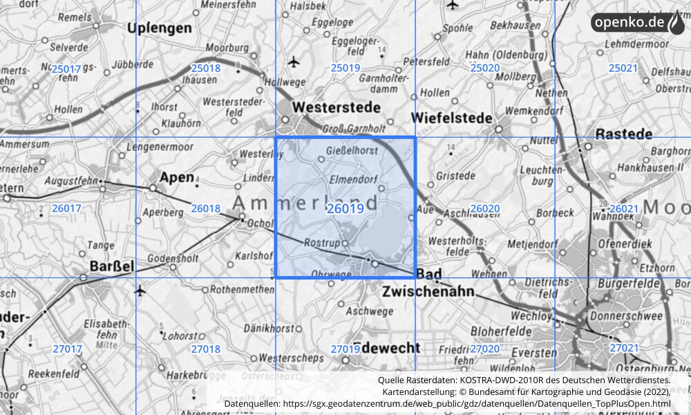 Übersichtskarte KOSTRA-DWD-2010R Rasterfeld Nr. 26019 mit angrenzenden Feldern