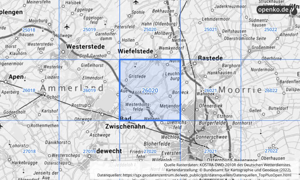 Übersichtskarte KOSTRA-DWD-2010R Rasterfeld Nr. 26020 mit angrenzenden Feldern