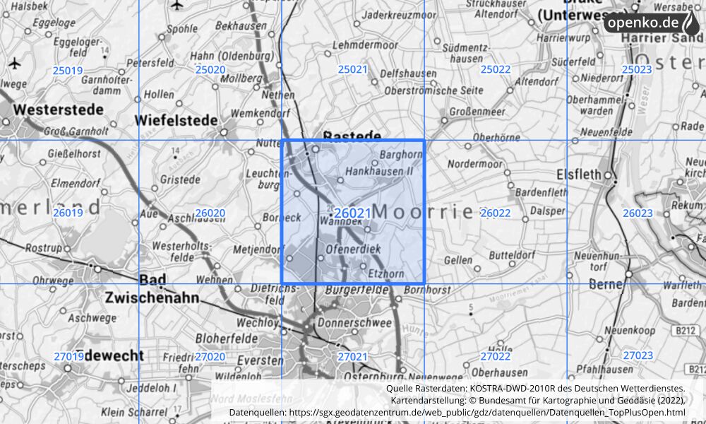 Übersichtskarte KOSTRA-DWD-2010R Rasterfeld Nr. 26021 mit angrenzenden Feldern