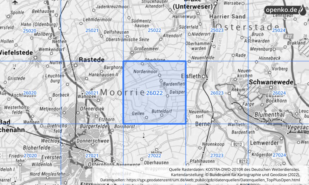 Übersichtskarte KOSTRA-DWD-2010R Rasterfeld Nr. 26022 mit angrenzenden Feldern