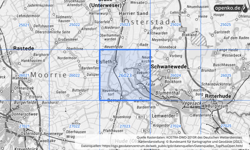 Übersichtskarte KOSTRA-DWD-2010R Rasterfeld Nr. 26023 mit angrenzenden Feldern