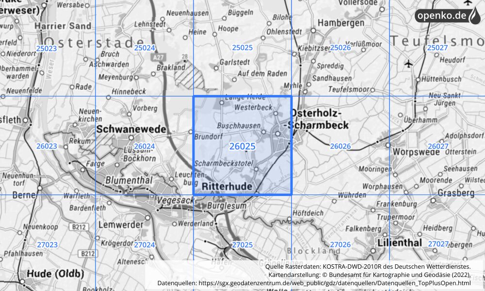 Übersichtskarte KOSTRA-DWD-2010R Rasterfeld Nr. 26025 mit angrenzenden Feldern