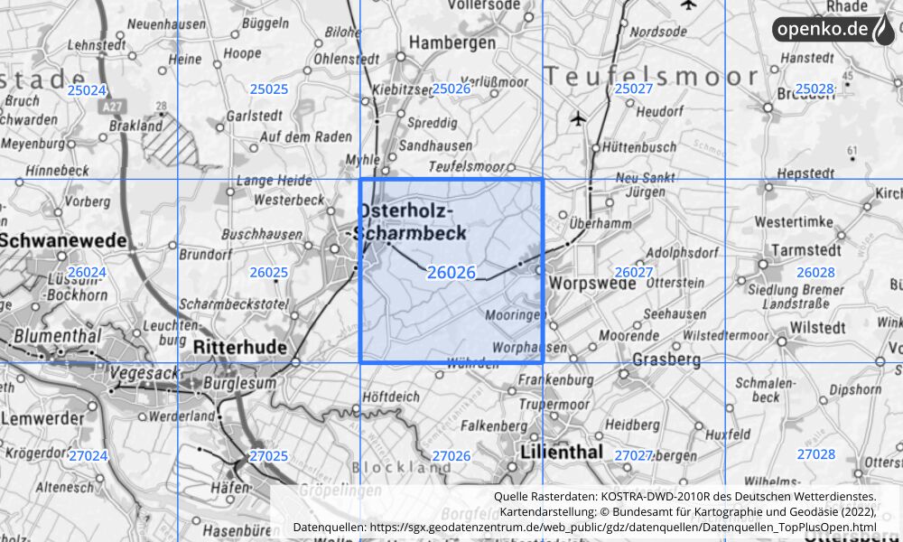 Übersichtskarte KOSTRA-DWD-2010R Rasterfeld Nr. 26026 mit angrenzenden Feldern