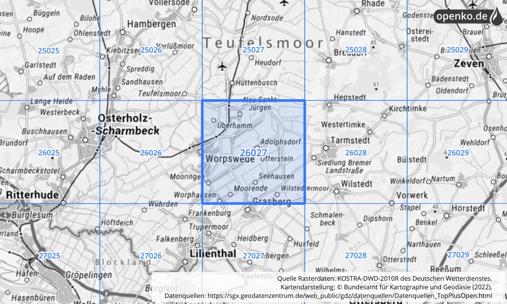 Übersichtskarte KOSTRA-DWD-2010R Rasterfeld Nr. 26027 mit angrenzenden Feldern
