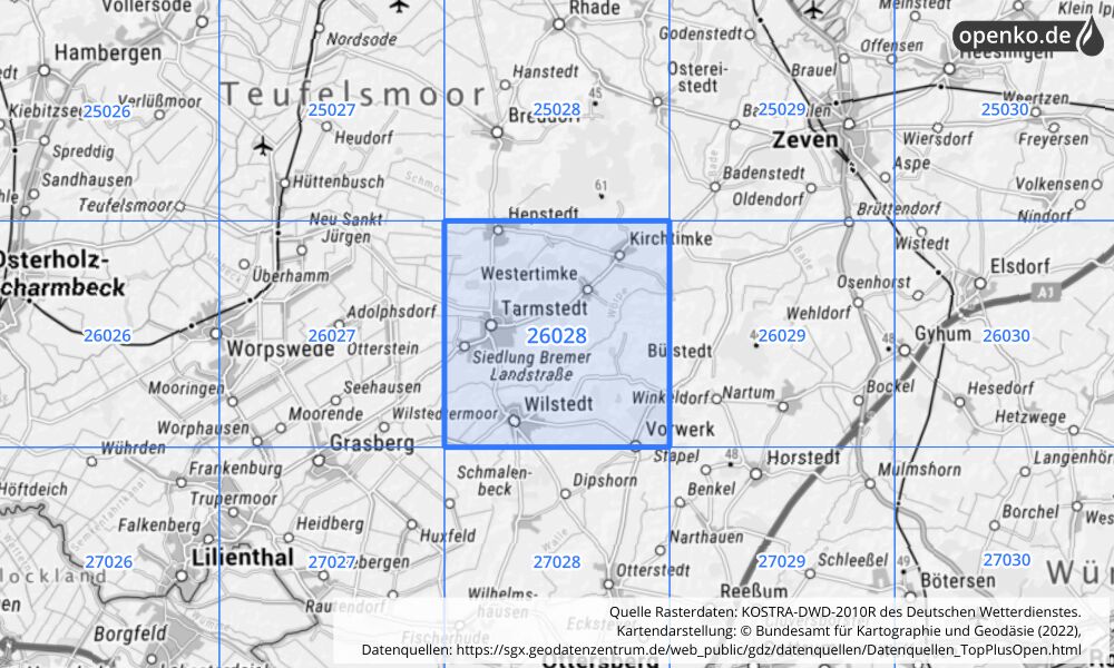 Übersichtskarte KOSTRA-DWD-2010R Rasterfeld Nr. 26028 mit angrenzenden Feldern