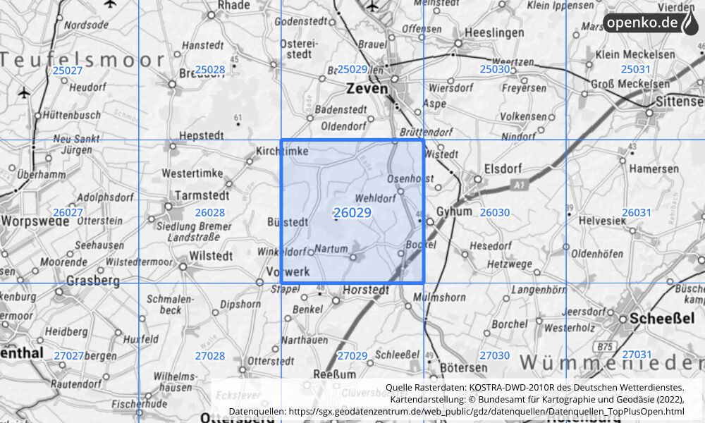 Übersichtskarte KOSTRA-DWD-2010R Rasterfeld Nr. 26029 mit angrenzenden Feldern