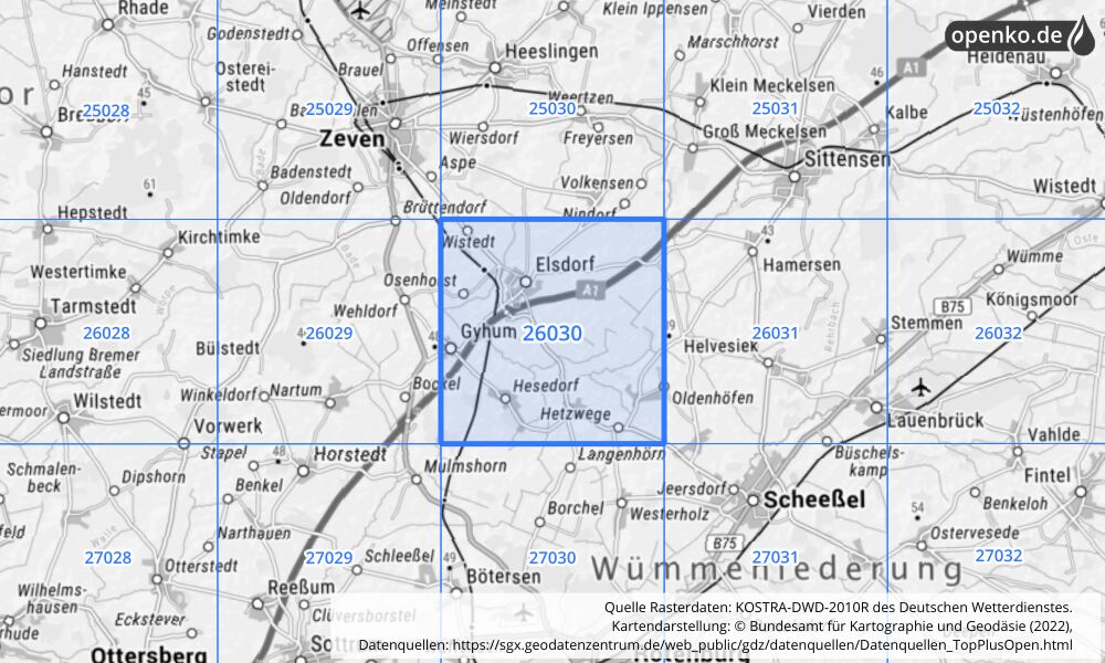 Übersichtskarte KOSTRA-DWD-2010R Rasterfeld Nr. 26030 mit angrenzenden Feldern