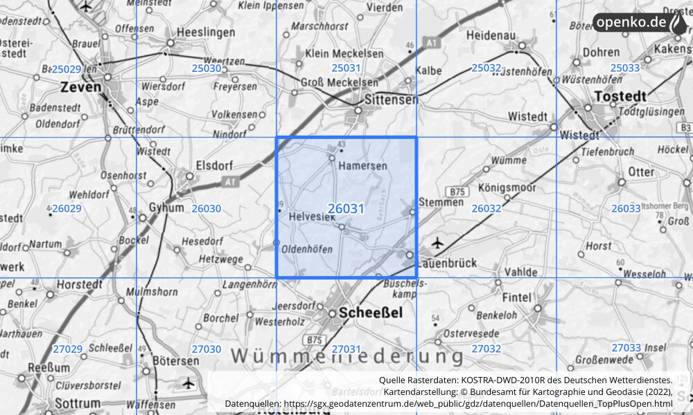 Übersichtskarte KOSTRA-DWD-2010R Rasterfeld Nr. 26031 mit angrenzenden Feldern