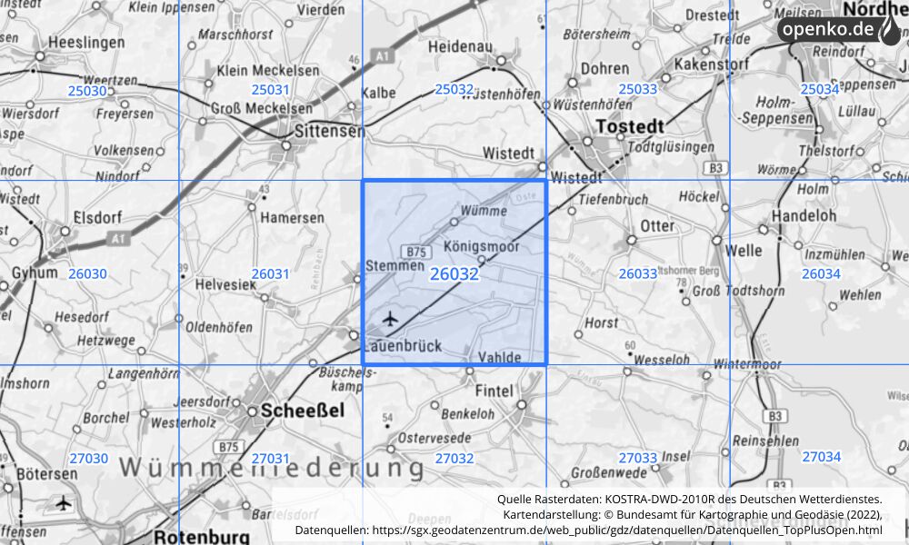 Übersichtskarte KOSTRA-DWD-2010R Rasterfeld Nr. 26032 mit angrenzenden Feldern