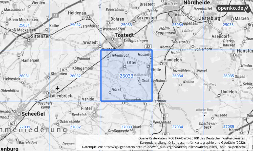 Übersichtskarte KOSTRA-DWD-2010R Rasterfeld Nr. 26033 mit angrenzenden Feldern