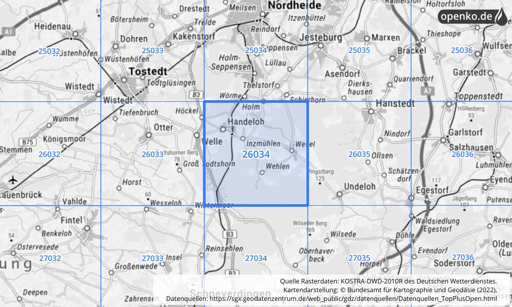 Übersichtskarte KOSTRA-DWD-2010R Rasterfeld Nr. 26034 mit angrenzenden Feldern