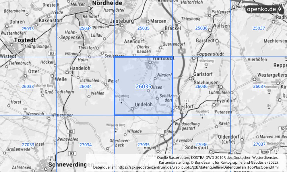 Übersichtskarte KOSTRA-DWD-2010R Rasterfeld Nr. 26035 mit angrenzenden Feldern