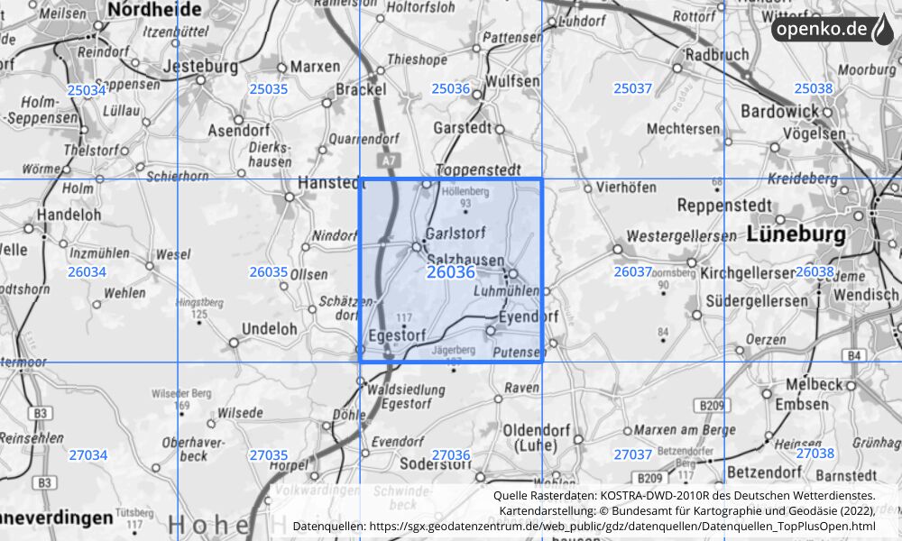 Übersichtskarte KOSTRA-DWD-2010R Rasterfeld Nr. 26036 mit angrenzenden Feldern