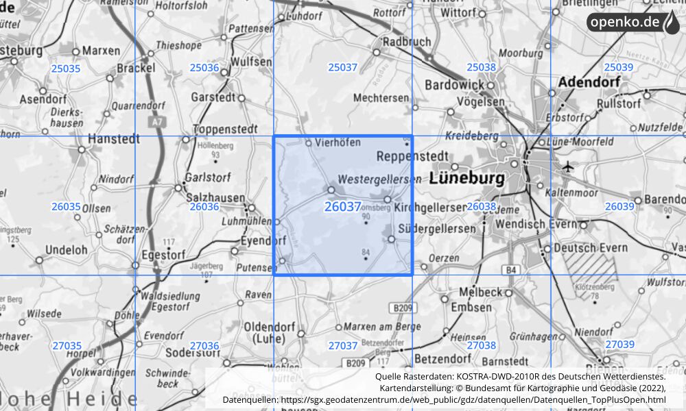 Übersichtskarte KOSTRA-DWD-2010R Rasterfeld Nr. 26037 mit angrenzenden Feldern