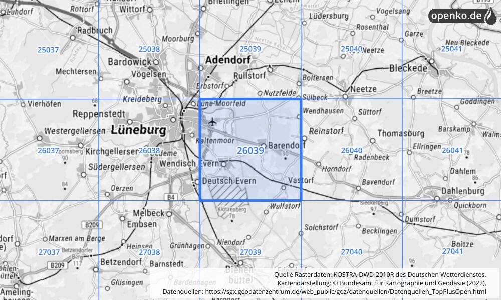 Übersichtskarte KOSTRA-DWD-2010R Rasterfeld Nr. 26039 mit angrenzenden Feldern