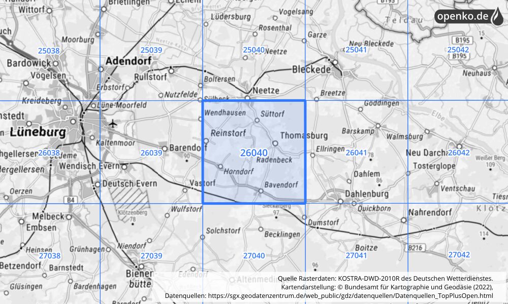 Übersichtskarte KOSTRA-DWD-2010R Rasterfeld Nr. 26040 mit angrenzenden Feldern