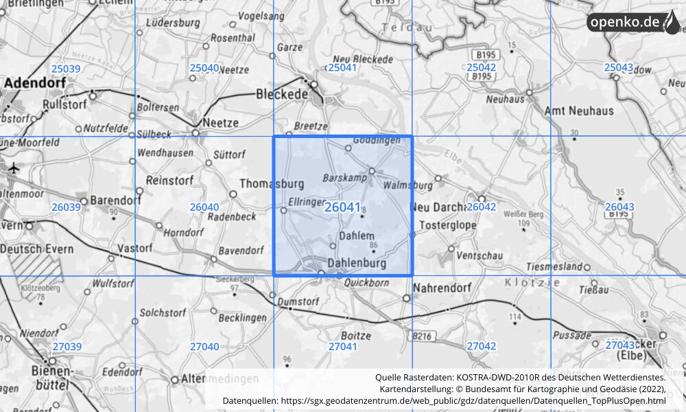 Übersichtskarte KOSTRA-DWD-2010R Rasterfeld Nr. 26041 mit angrenzenden Feldern