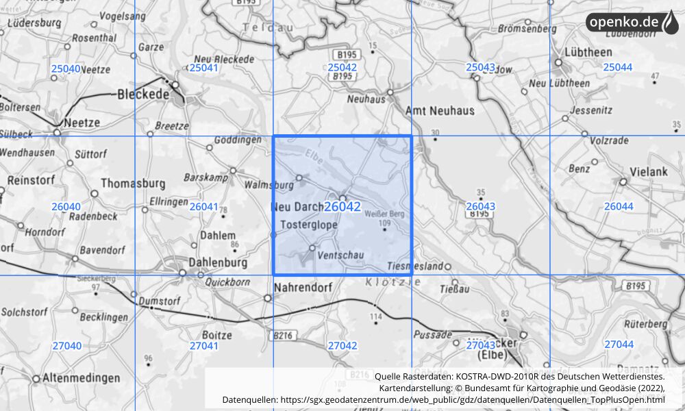 Übersichtskarte KOSTRA-DWD-2010R Rasterfeld Nr. 26042 mit angrenzenden Feldern