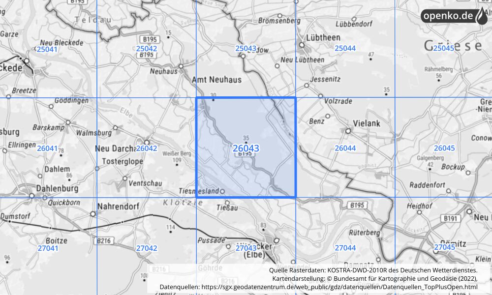 Übersichtskarte KOSTRA-DWD-2010R Rasterfeld Nr. 26043 mit angrenzenden Feldern