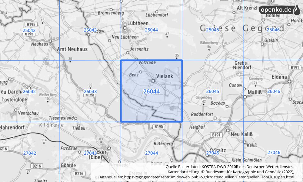 Übersichtskarte KOSTRA-DWD-2010R Rasterfeld Nr. 26044 mit angrenzenden Feldern