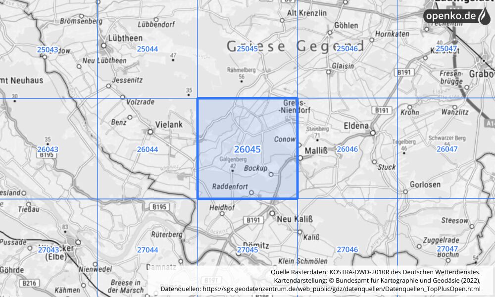 Übersichtskarte KOSTRA-DWD-2010R Rasterfeld Nr. 26045 mit angrenzenden Feldern