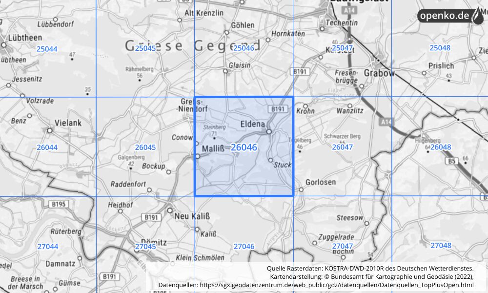 Übersichtskarte KOSTRA-DWD-2010R Rasterfeld Nr. 26046 mit angrenzenden Feldern