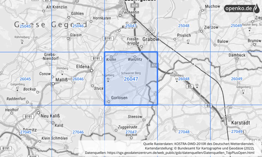 Übersichtskarte KOSTRA-DWD-2010R Rasterfeld Nr. 26047 mit angrenzenden Feldern